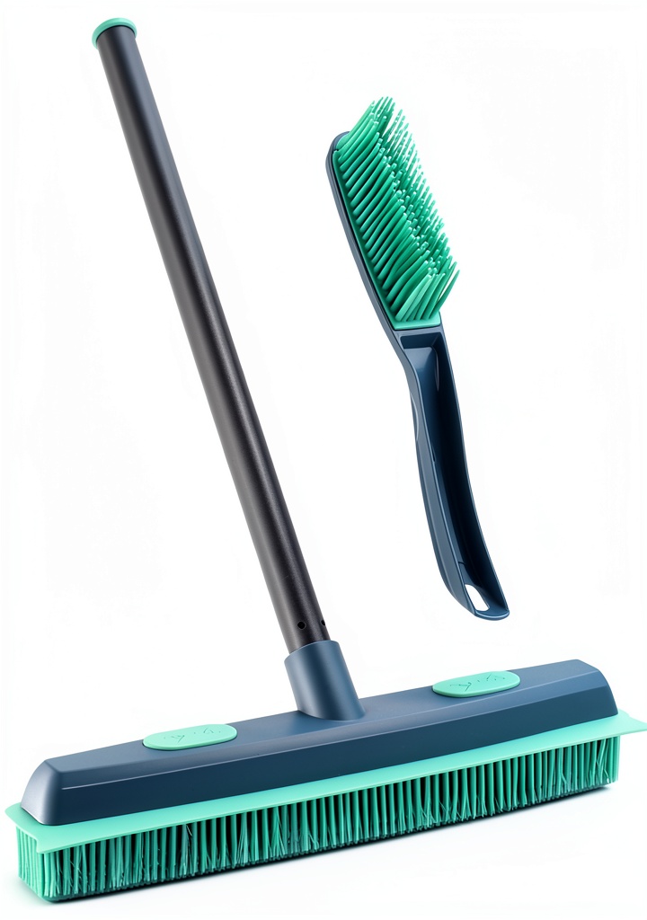 Conliwell Rubber Broom Adjustable Pet Hair Carpet Cleaning being used on a living‑room carpet with a Labrador Retriever nearby